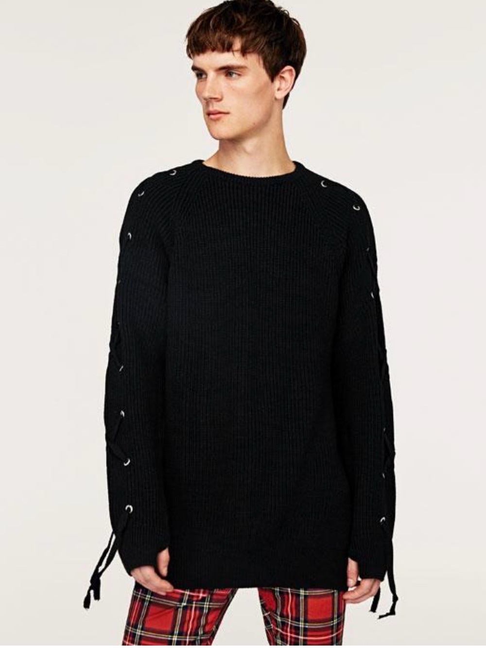 Zara Men's Black Lace-Detail Knit Sweater